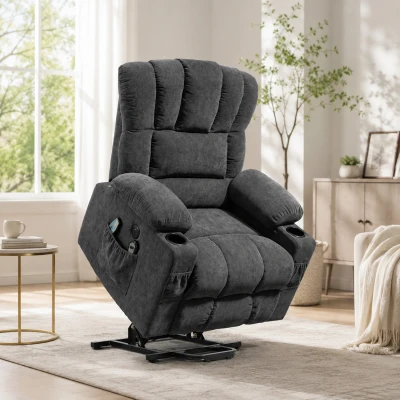 HOMCOM Elektrischer Power Lift Aufsteh-Sessel mit Massage- und Wärmefunktion, USB-Anschlüssen, Becherhaltern, Dunkelgrau
