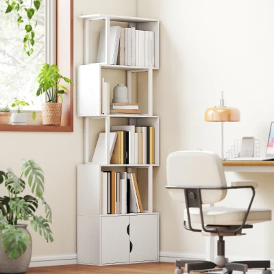 HOMCOM Estante de 5 Níveis em Forma de S Estante de Livros com 5 Prateleiras e 2 Portas 60x23,8x179,2 cm Branco