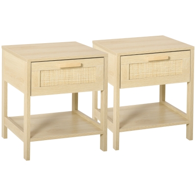 HOMCOM Bedside Tables Set of 2 with Rattan Drawer Natural