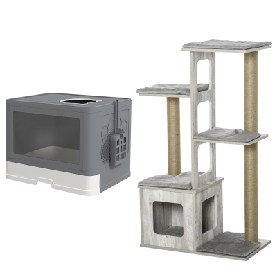 PawHut Conjunto para Gatos com Arranhador para Gatos 114 cm com Múltiplas Plataformas e Caixa de Areia Coberta Cinza
