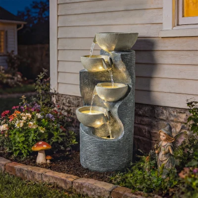 Outsunny Springbrunnen 5-stufig Gartenbrunnen mit LED Beleuchtung Pumpe Steinoptik, Verstellbar 33 x 31 x 80 cm