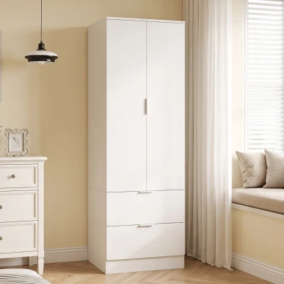 HOMCOM Armario Dormitorio con 2 Cajones, 2 Puertas con Cierre Suave y Barra de Suspensión, 60 x 47 x 180 cm, Blanco