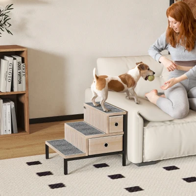 PawHut Dog Stairs with Storage, Non-Slip, Oak Tone