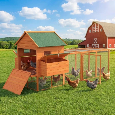 PawHut Gallinero de Madera Grande Exterior con 2 Nidos Corral Techo Asfáltico Bandeja Extraíble y Rampa 347x160x150 cm Naranja
