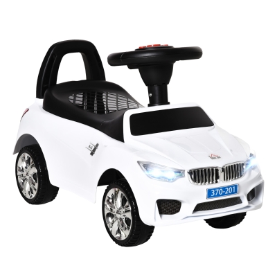 HOMCOM Coche Correpasillos para Niños de 18-36 Meses con Faros Música Bocina Volante Espacio de Almacenaje y Asa Blanco