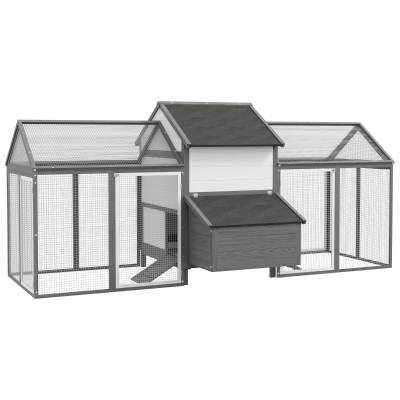 PawHut Poulailler Bois 2 Enclos Niche Gris 247cm