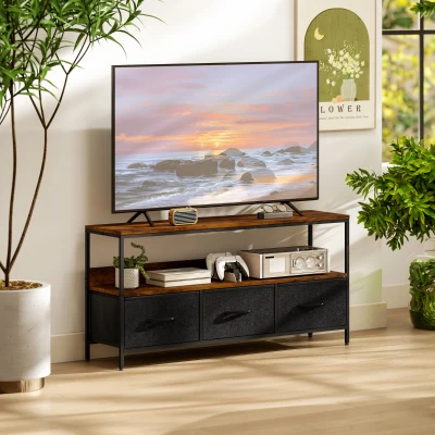 HOMCOM Meuble TV 55" 3 Tiroirs Pieds Acier Brun Rustique