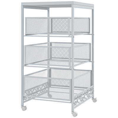 HOMCOM Carrito de Almacenamiento con Ruedas de 3 Niveles con 3 Cesta de Almacenamiento para Salón Comedor 34x29,5x57,5cm Blanco