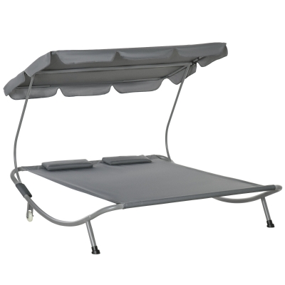 Outsunny Tumbona Doble con Toldo Ajustable Tumbona de Jardín para 2 Personas con Cojines y 2 Ruedas 200x175x134 cm Gris