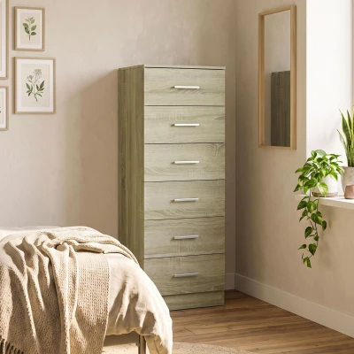 HOMCOM Comodă 6 sertare, corp de depozitare, stil modern, pentru dormitor, intrare, hol, 40x40x110cm, stejar