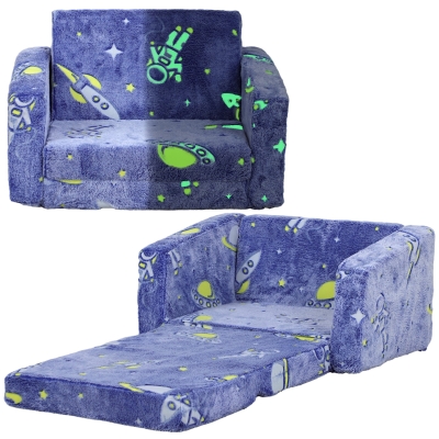 AIYAPLAY Sofá Infantil Plegable 2 en 1 Tapizado de Tela Luminosa con Patrón Cósmico Cojín y Funda Lavables Azul