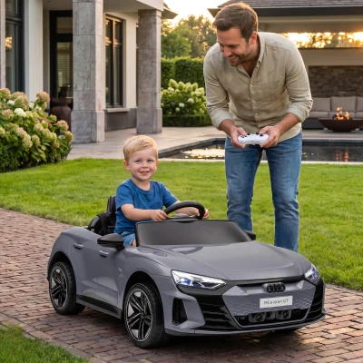 HOMCOM Kinder-Elektroauto mit Fernbedienung, Sicherheitsgurt, Hupe, Musik, Scheinwerfer, bis 5 km/h, 3-5 Jahre, Grau