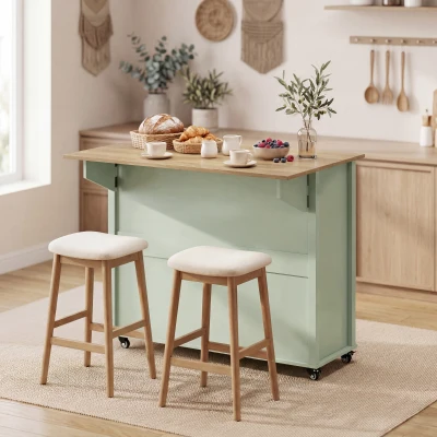 HOMCOM Ilha de Cozinha com Rodas Tampo Rebatível Suporte para Especiarias Prateleiras na Porta Armário 2 Gavetas 117,5x70x91 cm Verde Claro
