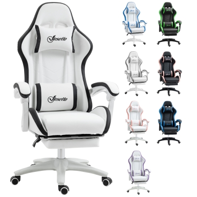 Vinsetto Silla Gaming Silla Gamer de Cuero PU Altura Ajustable Reclinable 135° Reposacabezas y Reposapiés 65x65x121-129 cm Blanco