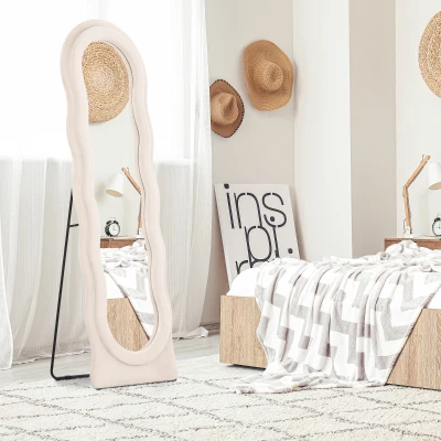 HOMCOM Espejo de Cuerpo Entero 160x50 cm Diseño Ondulado Marco con Tela de Terciopelo para Salón Dormitorio Crema