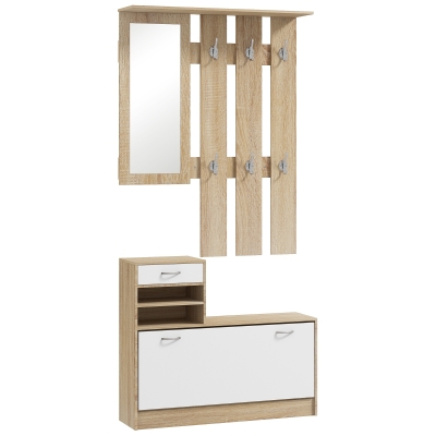 HOMCOM Recibidor de Entrada con Espejo Perchero y Zapatero Mueble de Recibidor de 2 Piezas con Ganchos Estantes Cajón Natural