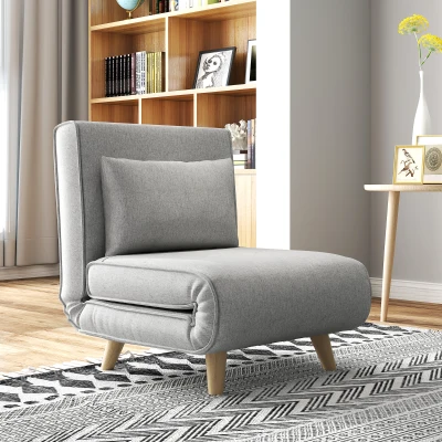 HOMCOM Sillón Cama Plegable Tapizado en Lino Sintético con Respaldo Ajustable en 6 Posiciones y Almohada 72x78x79 cm Gris