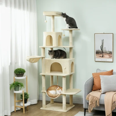 PawHut Arranhador para Gatos com Plataformas Plataformas Caverna Postes de Sisal Bolas e Corda para Brincar 60x48x202 cm Bege
