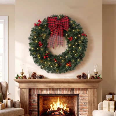 HOMCOM Guirnalda Navideña de 60 cm con Luces LED 8 Modos, Lazo, 140 Ramas, Piñas y Bayas, Corona de Navidad, Verde