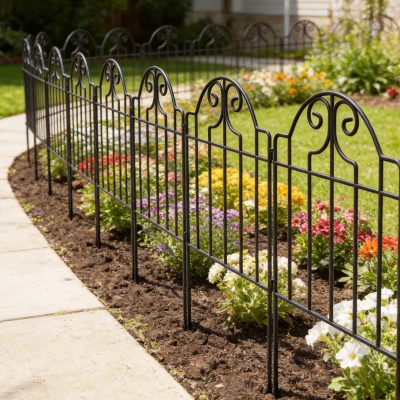 Outsunny Set de 4 Vallas de Jardín Metálicas 125x57 cm con Diseño Arqueado Resistente Fácil de Instalar para Patio Césped Negro
