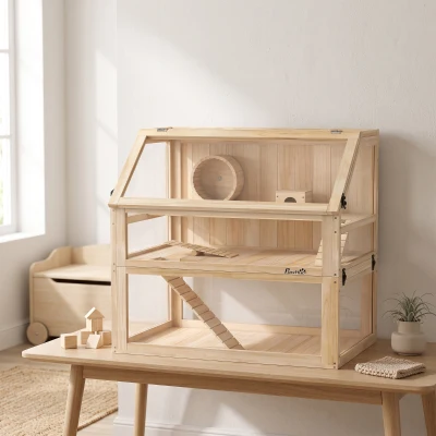 PawHut Cage Hamster 3 Niveaux 80x50x76cm Bois Naturel
