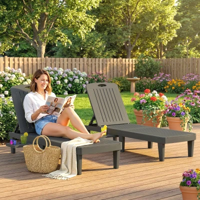 Outsunny Conjunto de 2 Tumbonas Reclinables de Plástico PP con Bandeja Lateral Respaldo Ajustable 5 Niveles 192x57x28,5 cm Gris