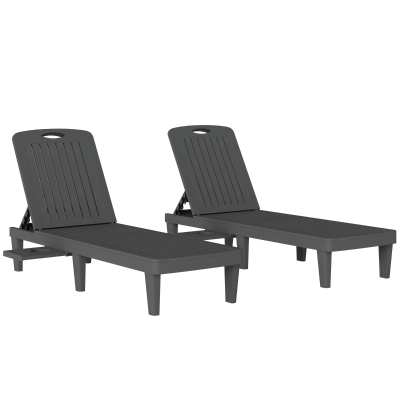 Outsunny Conjunto de 2 Tumbonas Reclinables de Plástico PP con Bandeja Lateral Respaldo Ajustable 5 Niveles 192x57x28,5 cm Gris