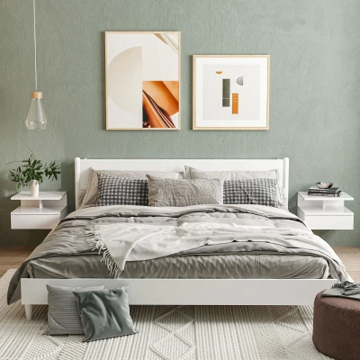 HOMCOM Juego de 2 Mesitas de Noche Colgantes con 1 Cajón y Estante Abierto para Dormitorio 35x32x22,5 cm Blanco