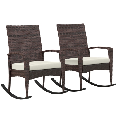 Outsunny Rattan Rocking Chair Set of 2 with Cushion Brown