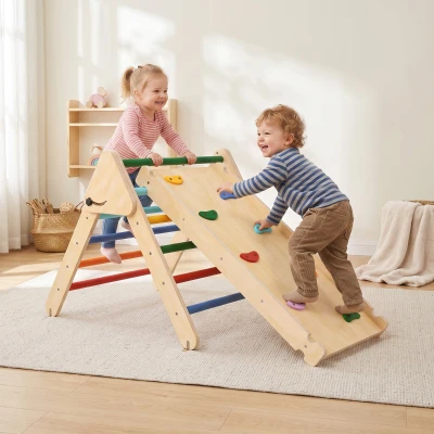 AIYAPLAY Triângulo de Escalada de Madeira 2 em 1 Escalada para Crianças de 18-48 Meses com Rampa para Deslizar ou Escalar 147x64,5x63 cm Multicor