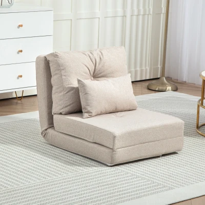 HOMCOM Sofá-Cama Individual Dobrável Estofado em Linho com Encosto Ajustável 5 Posições e 1 Almofada Bege