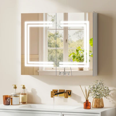 kleankin Armário Casa de Banho com Espelho e Luz LED Interruptor Tátil e Cor da Luz Ajustável 80x15x65 cm Branco Brilhante
