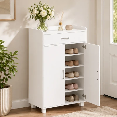 HOMCOM Schuhschrank mit 1 Schublade und 5 Einlegeböden Moderner Schuhschrank Verstellbare Einlegeböden 6 Paar 62,5x35x95 cm Weiß