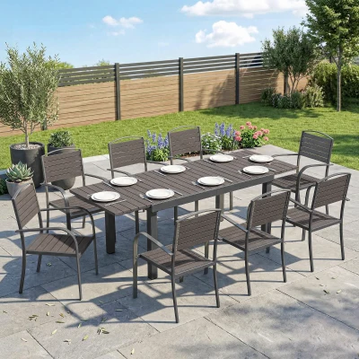 Outsunny Conjunto de Mesa y Sillas Jardín con Mesa Extensible Marco de Aluminio 8 Sillas y Tablero de Lamas de Madera Plástica