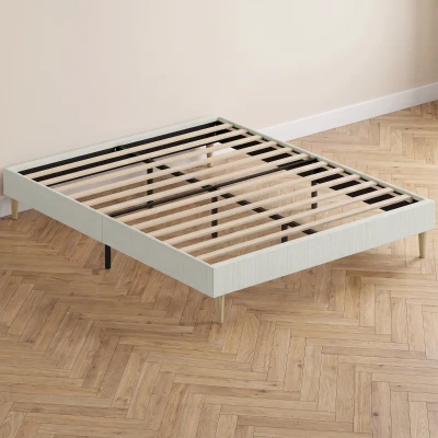 HOMCOM Cadru de pat 140 x 190 cm cu somieră, pat dublu tapițat în catifea canelată, spațiu de depozitare dedesubt, crem