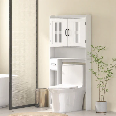 HOMCOM Étagère Toilettes Blanc 2 Portes Ajustables Salle de Bain