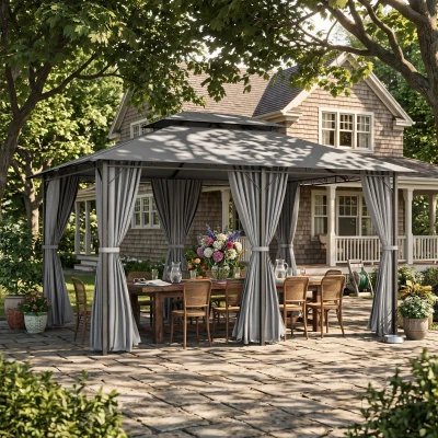 Outsunny Pavillon 3x4m Gartenpavillon mit 6 Seitenteilen Partyzelt Gartenzelt Festzelt mit Doppeldach Dunkelgrau