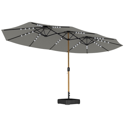Outsunny Sombrilla Doble de Jardín 4,6x2,6 m con 48 Luces LED Base Incluida Manivela Sacos de Arena Anti-UV Gris Claro