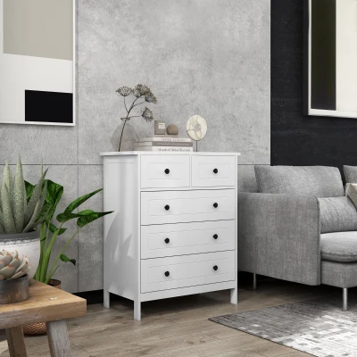 HOMCOM Commode 5 Tiroirs Blanc Poignées Métal Noir