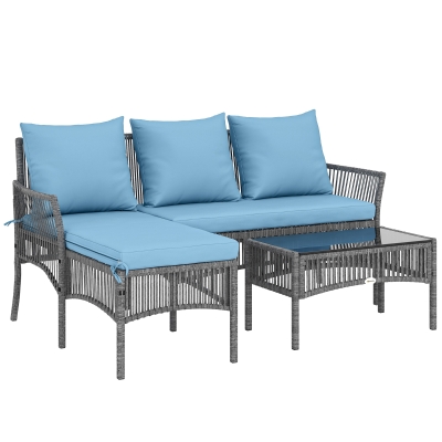 Outsunny Conjunto de Jardín Exterior de Ratán con 1 Sofá de 2 Plazas 1 Sofá Esquinera y 1 Mesa de Centro Tablero de Vidrio Azul