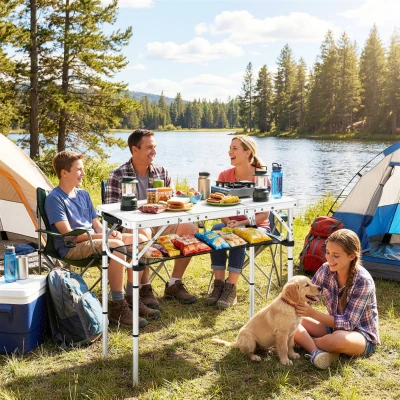 Outsunny Folding Camping Table with Storage Metal Cream White