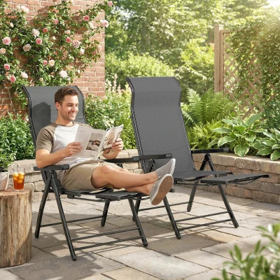 Outsunny Pack de 2 Sillas Plegables Reclinables de Jardín Exterior con Respaldo Alto Ajustable en 5 Posiciones Reposapiés Gris
