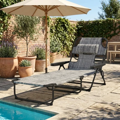 Outsunny Espreguiçadeira de Jardim Dobrável com Encosto Ajustável em 4 Níveis, Orifício de Leitura e Apoio para Cabeça 145x72x89 cm Cinzento