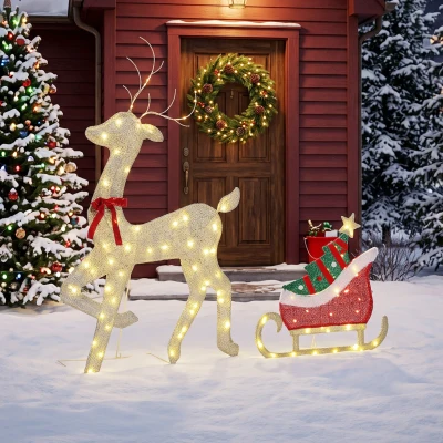Outsunny Reno Navideño Iluminado con Trineo con 95 LED Blanco Cálido, 8 Modos de Iluminación y Temporizador, Oro