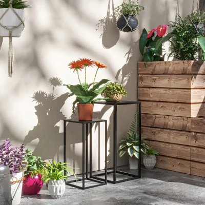 Outsunny Lot 2 Supports Pots Fleurs Acier Noir 58,5/65 cm