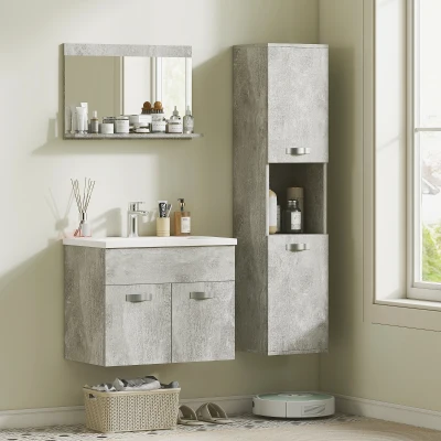 kleankin Conjunto de Muebles de Baño de Pared 3 Piezas Incluye Espejo Armario con Lavabo Cerámico y Columna Auxiliar de Baño Gris