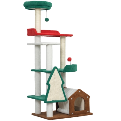 PawHut 135 cm Katzenkratzbaum in Weihnachtsfarben mit Katzenbett, Katzenhaus, Kratzpfosten, Sprungplattformen, Spielzeugbällen