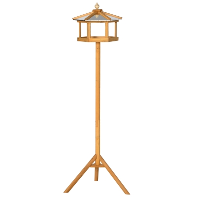 PawHut Casa para Pássaros com Suporte em Madeira Comedouro com Plataforma Telhado Metálico Inclinado Ø57,7x153 cm Madeira Natural