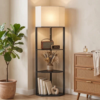 HOMCOM Modern Corner Floor Lamp with Shelves, Black