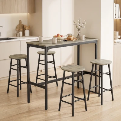 HOMCOM 5-Piece Bar Table & Stool Set Industrial Dining Grey